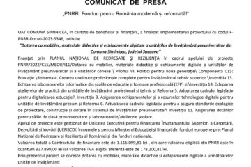 Dotarea cu mobilier, materiale didactice și echipamente digitale a unităților de învățământ preuniversitar din Comuna Siminicea, judetul Suceava Dotarea cu mobilier, materiale didactice și echipamente digitale a unităților de învățământ preuniversitar din Comuna Siminicea, judetul Suceava