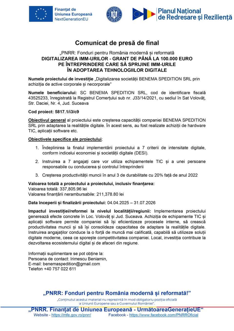 Digitalizarea societății BENEMA SPEDITION SRL prin achiziția de active corporale și necorporale