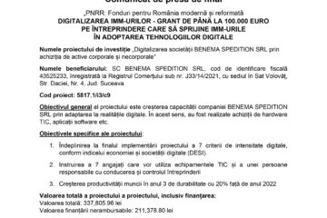 Digitalizarea societății BENEMA SPEDITION SRL prin achiziția de active corporale și necorporale Digitalizarea societății BENEMA SPEDITION SRL prin achiziția de active corporale și necorporale