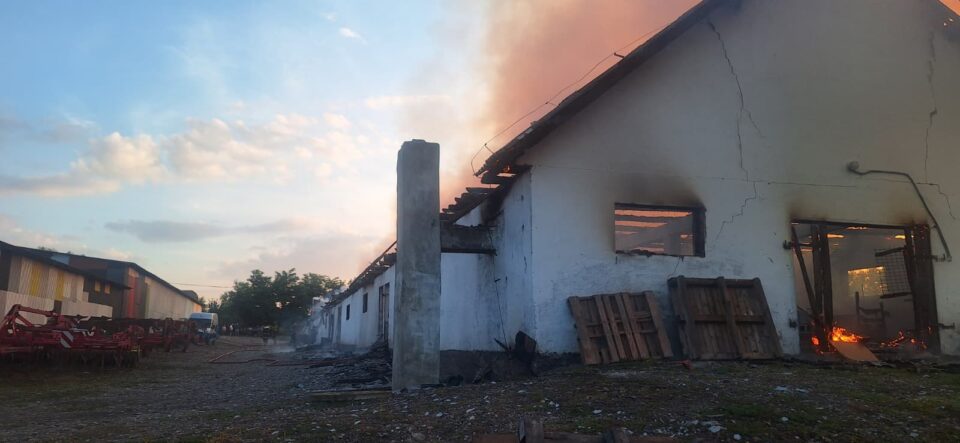 Incendiu puternic la o crescătorie de găini. Au ars hala, utilaje și în jur de 1.000 de păsări