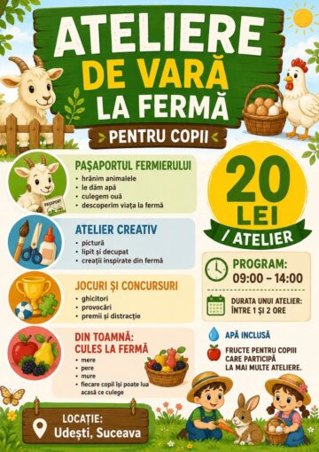 Ateliere pentru copii, la Ferma Udești. Cei mici hrănesc animale, culeg fructe, adună ouă și se joacă în natură
