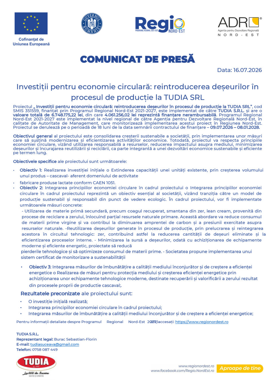 Investiții pentru economie circulară: reintroducerea deșeurilor în procesul de producție la TUDIA SRL Investiții pentru economie circulară: reintroducerea deșeurilor în procesul de producție la TUDIA SRL
