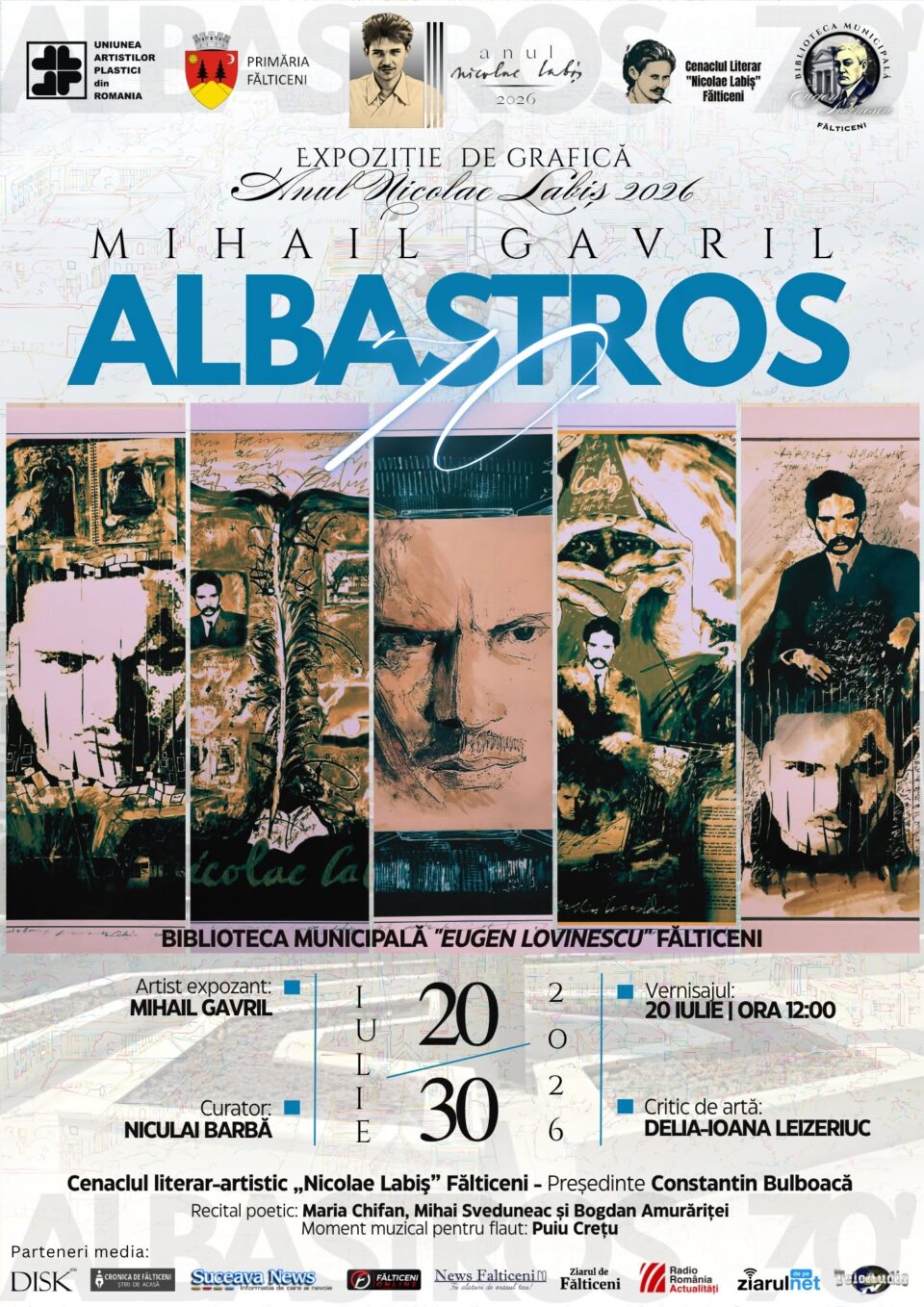 Expoziția de grafică „Albastros”, semnată de artistul Mihail Gavril, ajunge luni la Fălticeni