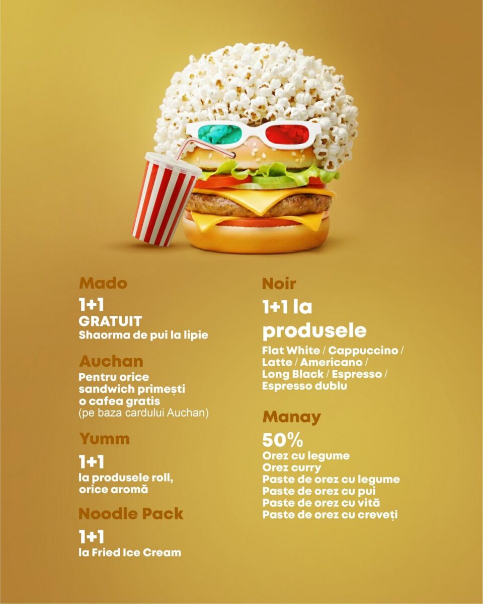 La Iulius Mall Suceava, oferte în food court, filme la preț special și avantaje la cumpărături, în fiecare marți