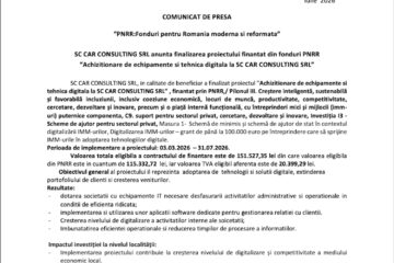 Finalizarea proiectului finantat din fonduri PNRR – Achizitionare de echipamente si tehnica digitala la SC CAR CONSULTING SRL Finalizarea proiectului finantat din fonduri PNRR – Achizitionare de echipamente si tehnica digitala la SC CAR CONSULTING SRL