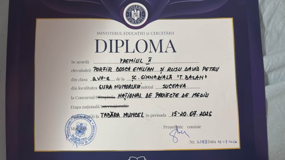Premii naționale pentru elevii suceveni la etapa națională a Concursului de proiecte de mediu