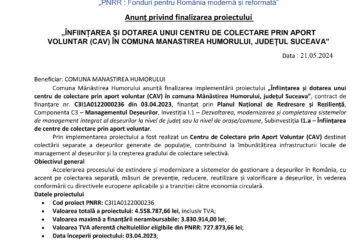 ÎNFIINȚAREA ȘI DOTAREA UNUI CENTRU DE COLECTARE PRIN APORT VOLUNTAR (CAV) ÎN COMUNA MANASTIREA HUMORULUI, JUDEȚUL SUCEAVA