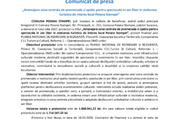 Amenajare zona centrala de promenada si spatiu pentru spectacole in aer liber in statiunea turistica de interes local Poiana Stampei