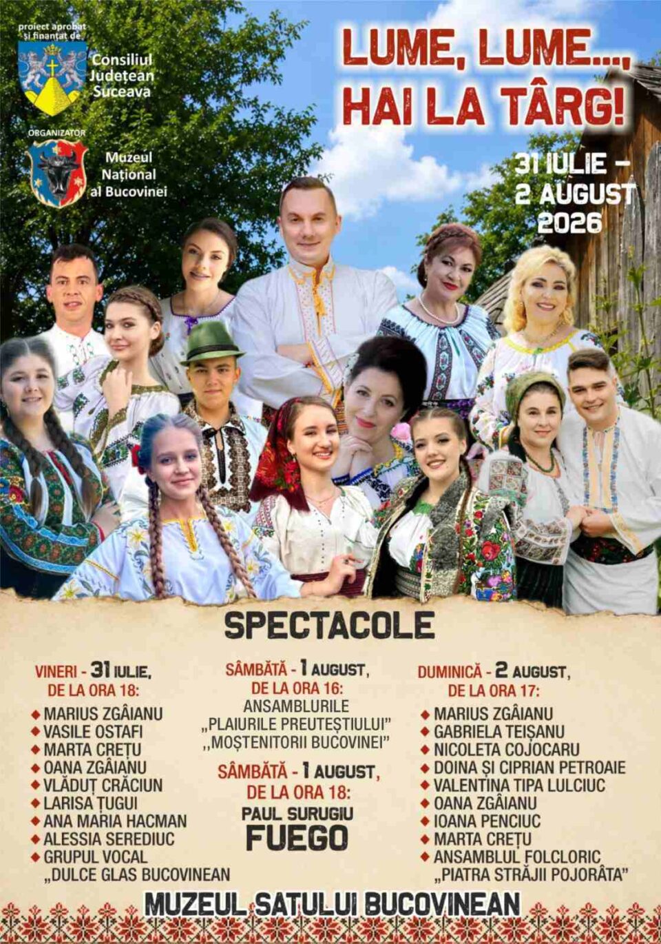 Zeci de meșteri populari și artiști cunoscuți, la evenimentul „Lume, lume…, hai la târg!”, la Muzeul Satului Bucovinean
