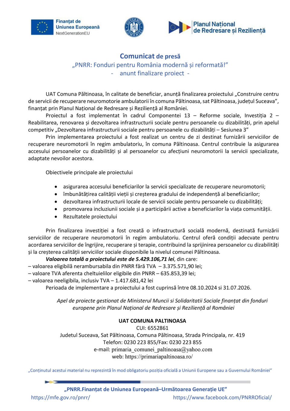 Construire centru de servicii de recuperare neuromotorie ambulatorii în comuna Păltinoasa, sat Păltinoasa, județul Suceava