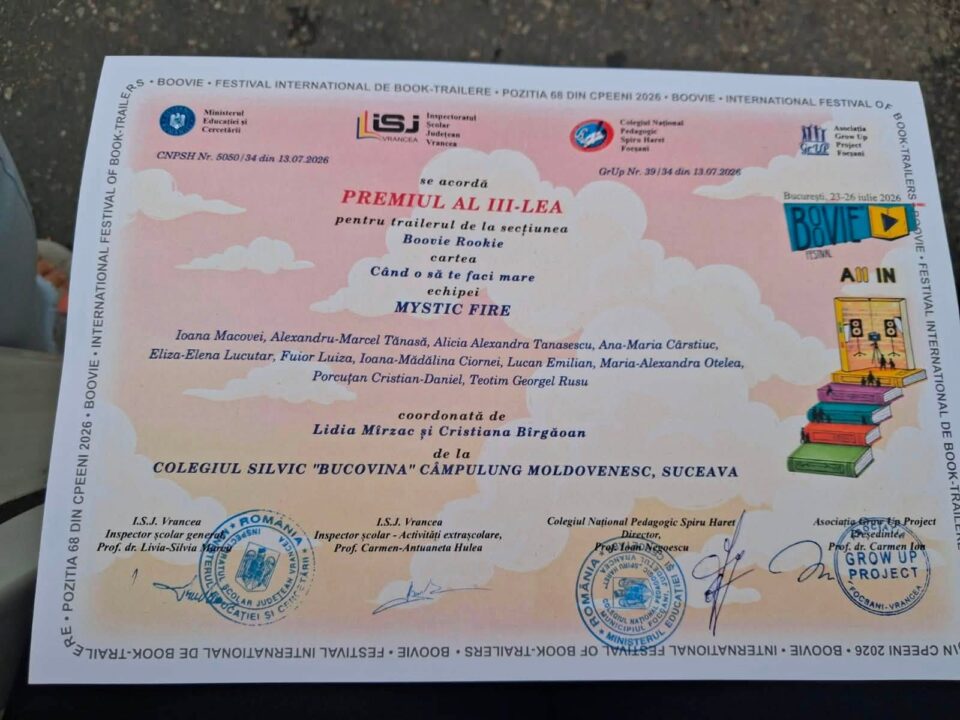 Locul III la BOOVIE 2026! O nouă performanță remarcabilă pentru Colegiul Silvic „Bucovina” din Câmpulung Moldovenesc